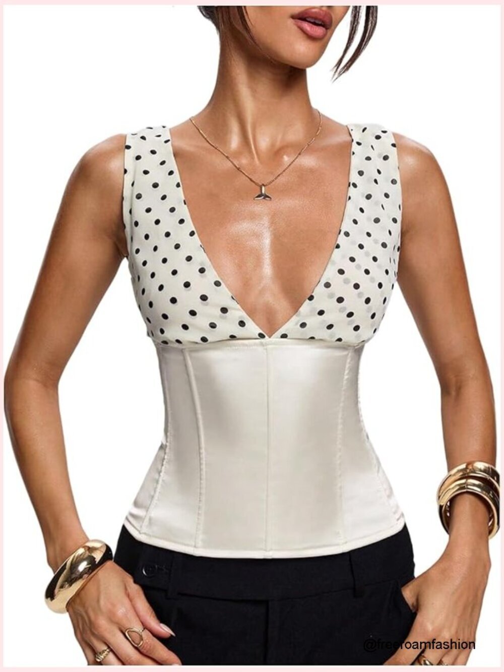 Polka Dot Deep V Neck Lace Up Backless Corset Tank Top